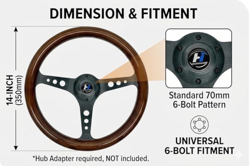 Hiracing 14inch Universal Classic Wood Grain Steering Wheel Brushed 3 Spoke 1.5inch Depth Racing Steering Wheel with Horn Button 6 bolts(wood-09) - Image 5