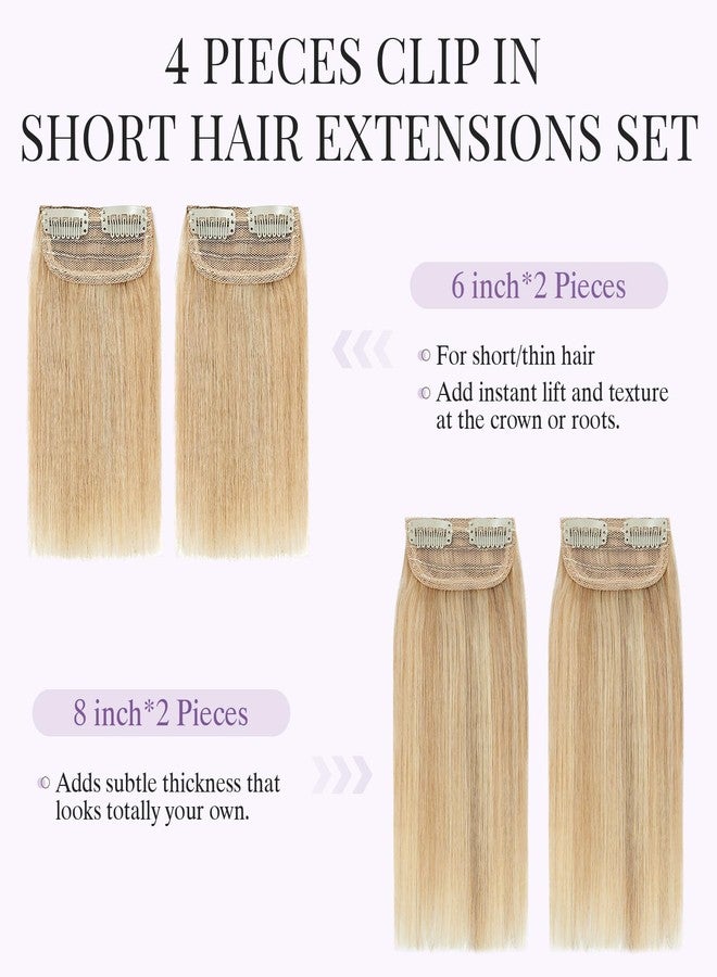 S-noilite 4 pieces Clip In Short Hair Extensions 100% Remy Human Hair Invisible Mini Short Clip in Hairpiece for Women with Thinning Hair Gold Blonde Mixed Bleach Blonde - Image 2