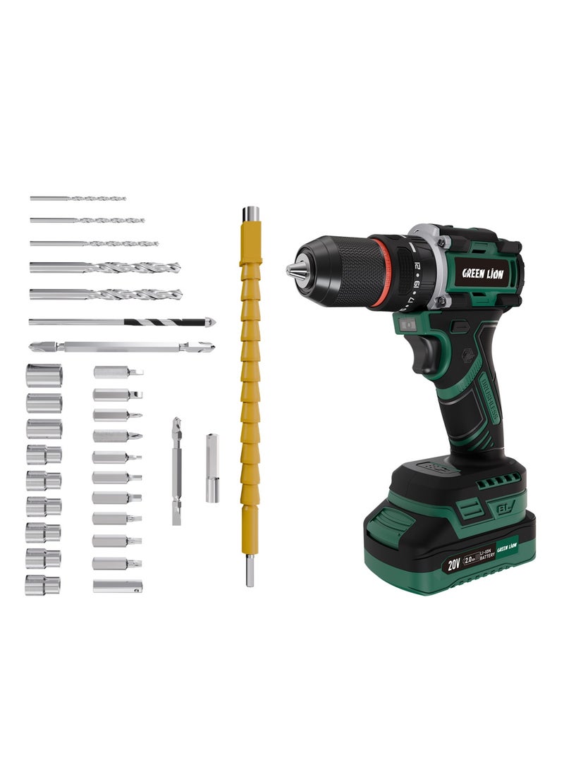 GREEN LION Cordless Hammer Drill with 30-Piece Bit Set, 20V Battery, 2-Speed Control, 45 N.M Max Torque, Keyless Chuck, LED Work Light for Fitness | Travel | Office - Image 1