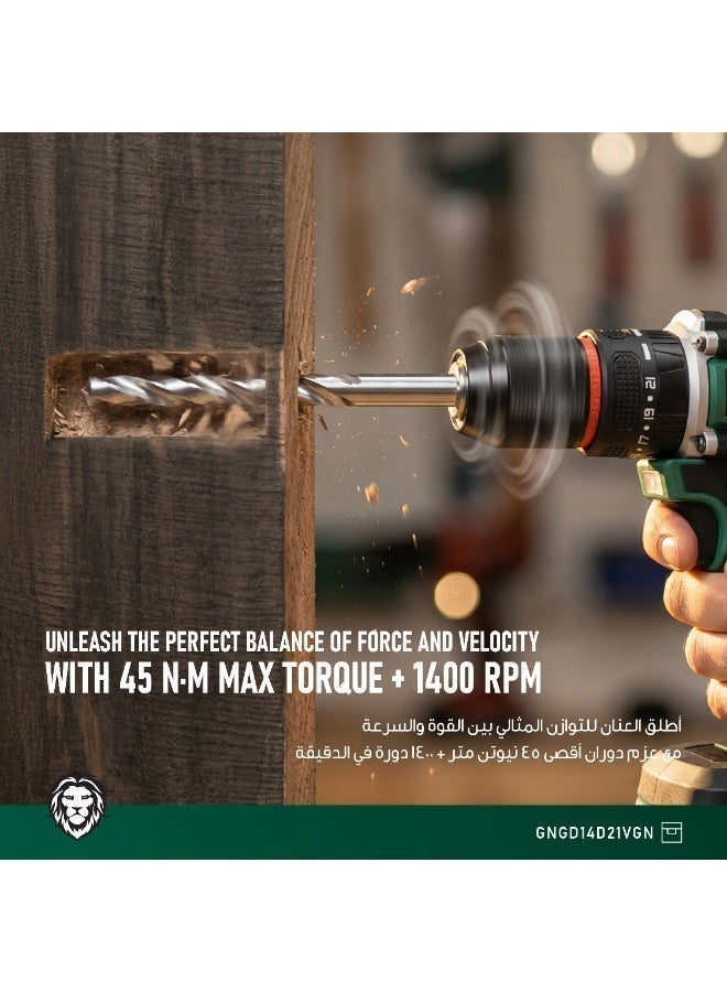 GREEN LION Cordless Hammer Drill with 30-Piece Bit Set, 20V Battery, 2-Speed Control, 45 N.M Max Torque, Keyless Chuck, LED Work Light for Fitness | Travel | Office - Image 3