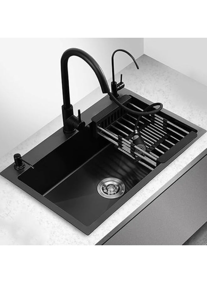 مبنى المستقبل حوض مطبخ | ستانلس ستيل أسود | حوض فردي مع صنبور وموزع صابون | جميع الملحقات | الحجم 60×45×20 سم - Image 1