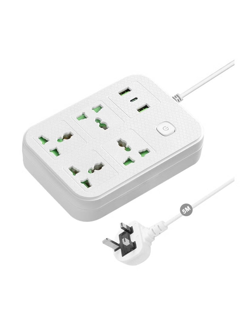 Anmi Anmi Power Strips Extension Cord 4 Sockets Universal Plug Adapter with 1 Type C ,2 USB Ports Surge Protector Charging Socket with 5M Bold Extension Cord (White) 