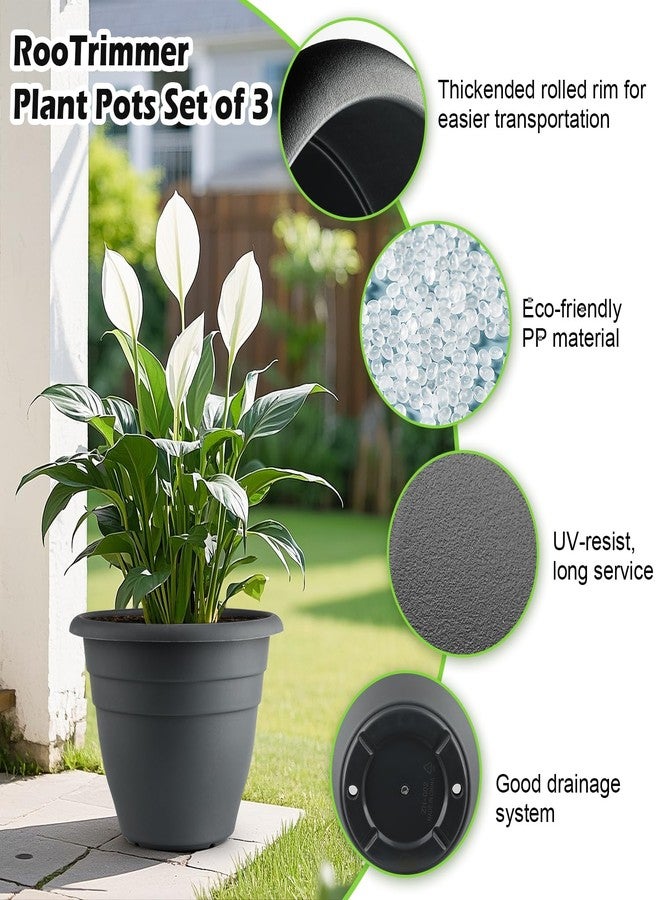 RooTrimmer 11.8" Plant Pots, 3 Pack Planters for Indoor Ourdoor Plants, Round Plastic Flower Pots, Large Planters with Drainage Hole and Plug, Gray - Image 4