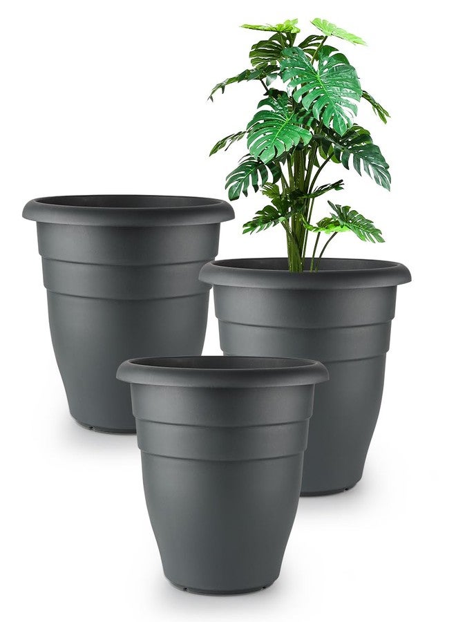 RooTrimmer 11.8" Plant Pots, 3 Pack Planters for Indoor Ourdoor Plants, Round Plastic Flower Pots, Large Planters with Drainage Hole and Plug, Gray - Image 1