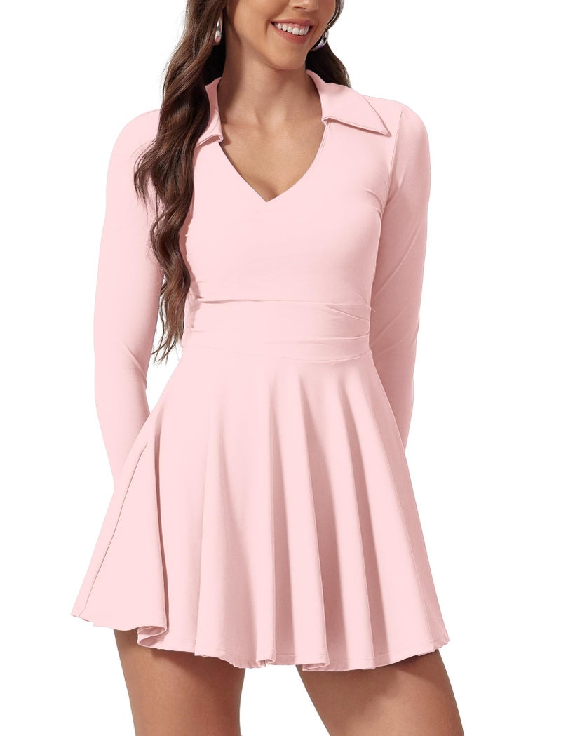ABOCIW Womens Long Sleeve Tennis Dress Collar V Neck Wrap Athletic Dress with Shorts Workout Golf Active Exercise Dresses with Pocket Pink S - Image 1