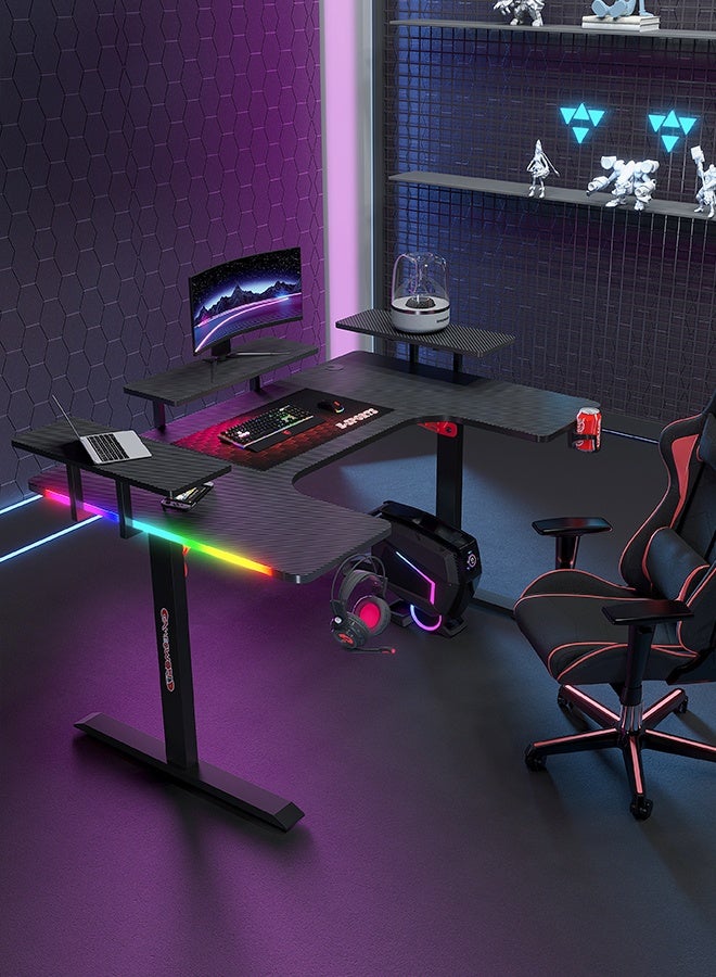 Generic Large U-Shaped Gaming Table with Remote Control RGB Light Strap, 160cm Computer Desk with Monitor Stand, Large PC Workstation for Home Office, Gaming, Live Streaming, Streaming, TikTok  - Image 5
