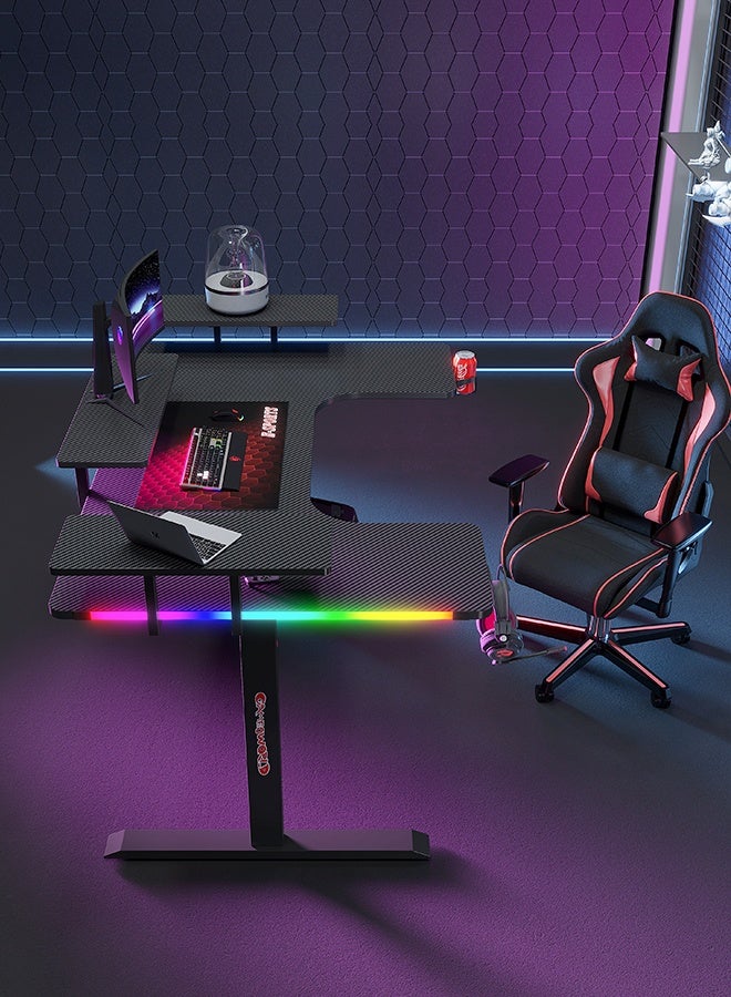 Generic Large U-Shaped Gaming Table with Remote Control RGB Light Strap, 160cm Computer Desk with Monitor Stand, Large PC Workstation for Home Office, Gaming, Live Streaming, Streaming, TikTok  - Image 2