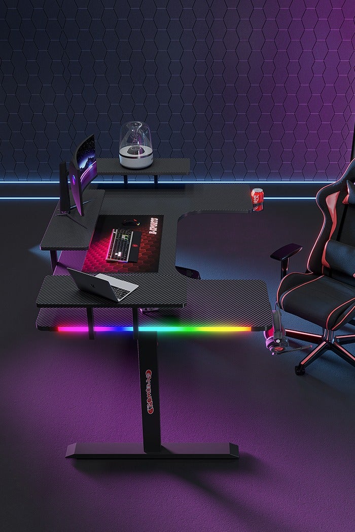 Generic Large U-Shaped Gaming Table with Remote Control RGB Light Strap, 160cm Computer Desk with Monitor Stand, Large PC Workstation for Home Office, Gaming, Live Streaming, Streaming, TikTok  - Image 5