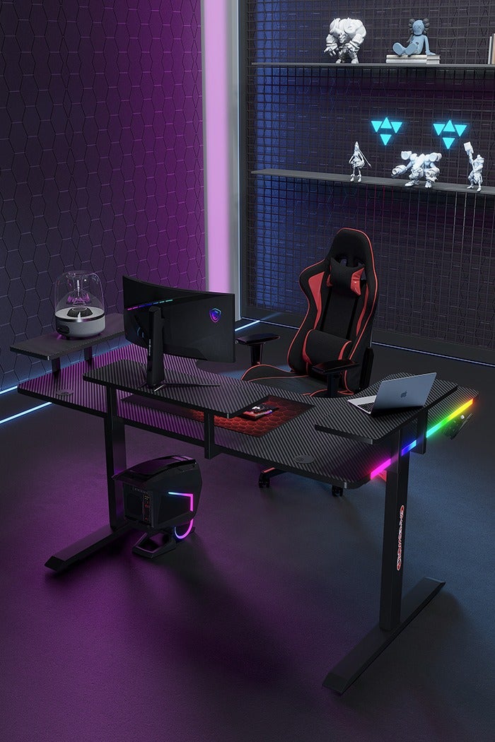 Generic Large U-Shaped Gaming Table with Remote Control RGB Light Strap, 160cm Computer Desk with Monitor Stand, Large PC Workstation for Home Office, Gaming, Live Streaming, Streaming, TikTok  - Image 4