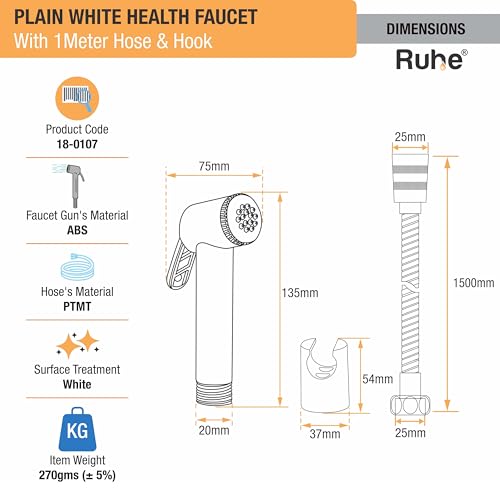 RUHE طقم صنبور صحي أبيض عادي من Ruhe® مصنوع من ABS للحمام/رش يدوي للمرحاض | مسدس رش صنبور صحي مع خرطوم مرن للغاية بطول 1 متر (أنبوب ABS) وحامل/خطاف حائط | لون أبيض - Image 2