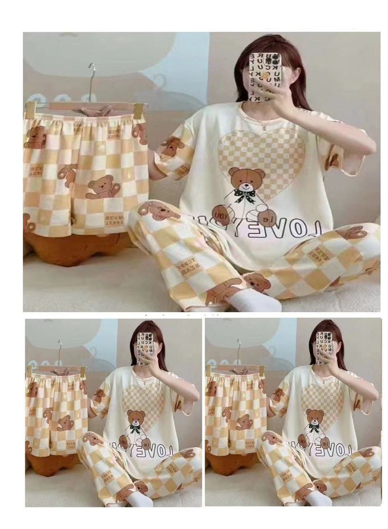 Short Sleeve Night Suit Set Cute Cartoon Print Loose Sleepwear Dress Pajama Set for Women 3 PCs 