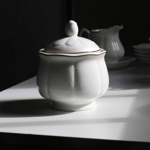 GuangYang 15-pcs Porcelain Tea sets for Adults, Off White Embossed Pattern with Gold Trim (A set Included 1 Teapot, 1 Sugar Bowl, 1 Cream Pitcher, 6 Cups and 6 Saucers) - Image 5