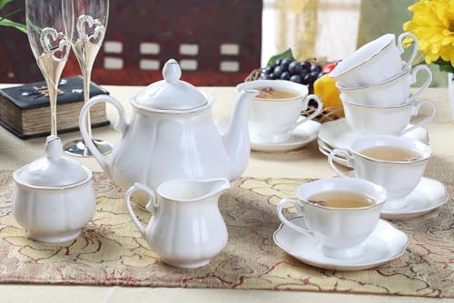 GuangYang 15-pcs Porcelain Tea sets for Adults, Off White Embossed Pattern with Gold Trim (A set Included 1 Teapot, 1 Sugar Bowl, 1 Cream Pitcher, 6 Cups and 6 Saucers) - Image 2