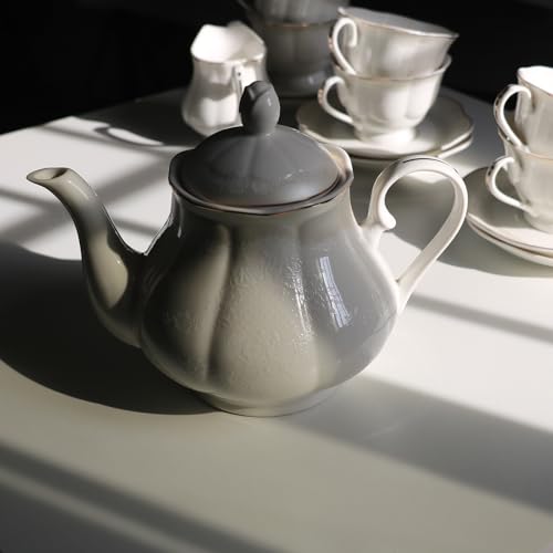 GuangYang 15-pcs Porcelain Tea sets for Adults, Off White Embossed Pattern with Gold Trim (A set Included 1 Teapot, 1 Sugar Bowl, 1 Cream Pitcher, 6 Cups and 6 Saucers) - Image 3