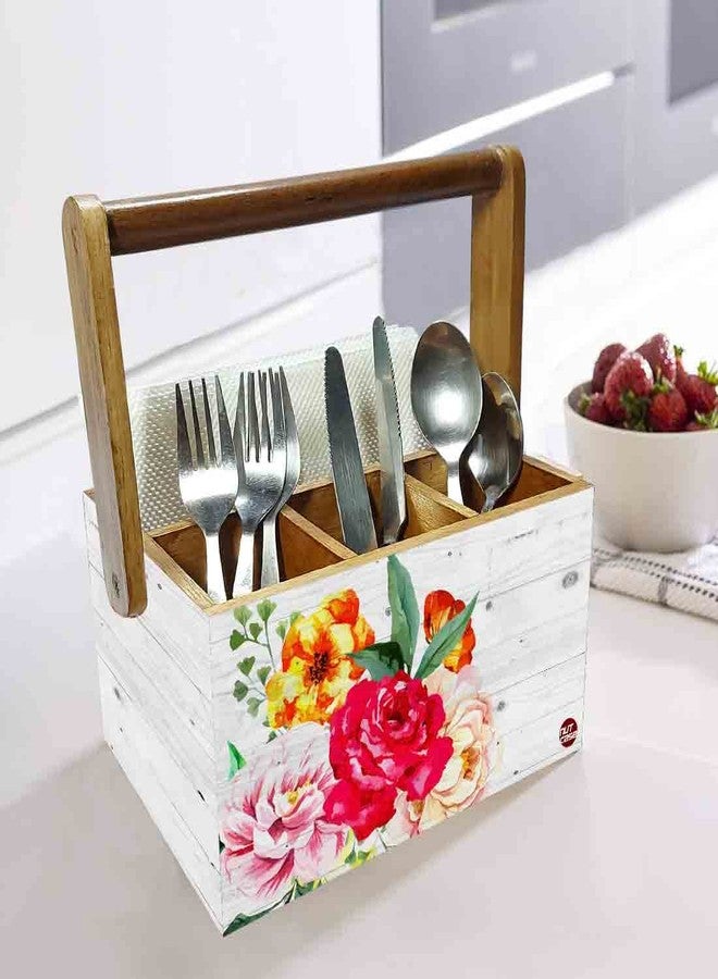Nutcase Cutlery holder with tissue napkin spoon rack wooden sauce bottle stand with handle for dining table kitchen restaurants cafe - Roses - Image 2