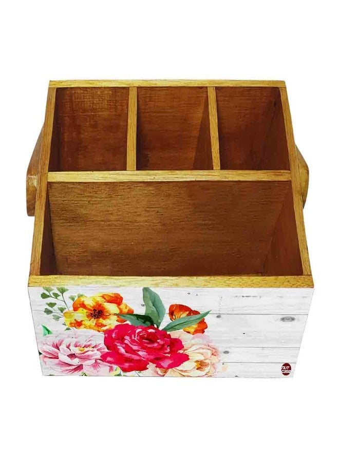 Nutcase Cutlery holder with tissue napkin spoon rack wooden sauce bottle stand with handle for dining table kitchen restaurants cafe - Roses - Image 4