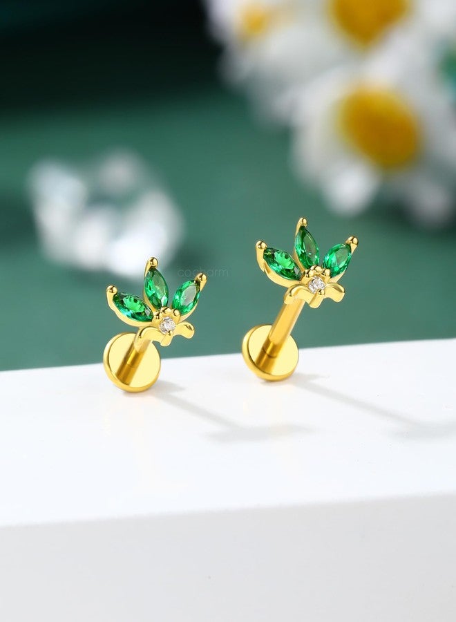 كوتشارم مجوهرات ثقب الأذن COCHARM 16G بدون خيط، على شكل زهرة، ذهبية اللون، مع قرط حلزوني مرصع بحجر كريم أخضر زمردي، وقرط غضروفي مسطح 6 مم من الفولاذ الجراحي الذهبي. - Image 5