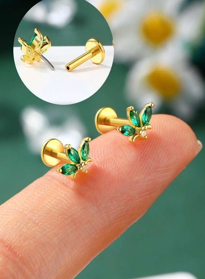 كوتشارم مجوهرات ثقب الأذن COCHARM 16G بدون خيط، على شكل زهرة، ذهبية اللون، مع قرط حلزوني مرصع بحجر كريم أخضر زمردي، وقرط غضروفي مسطح 6 مم من الفولاذ الجراحي الذهبي. - Image 4