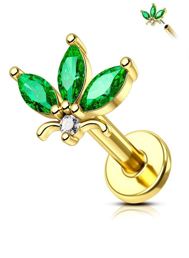 كوتشارم مجوهرات ثقب الأذن COCHARM 16G بدون خيط، على شكل زهرة، ذهبية اللون، مع قرط حلزوني مرصع بحجر كريم أخضر زمردي، وقرط غضروفي مسطح 6 مم من الفولاذ الجراحي الذهبي. - Image 1