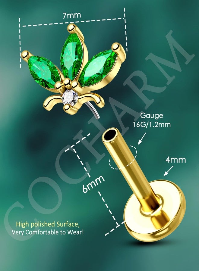 كوتشارم مجوهرات ثقب الأذن COCHARM 16G بدون خيط، على شكل زهرة، ذهبية اللون، مع قرط حلزوني مرصع بحجر كريم أخضر زمردي، وقرط غضروفي مسطح 6 مم من الفولاذ الجراحي الذهبي. - Image 3