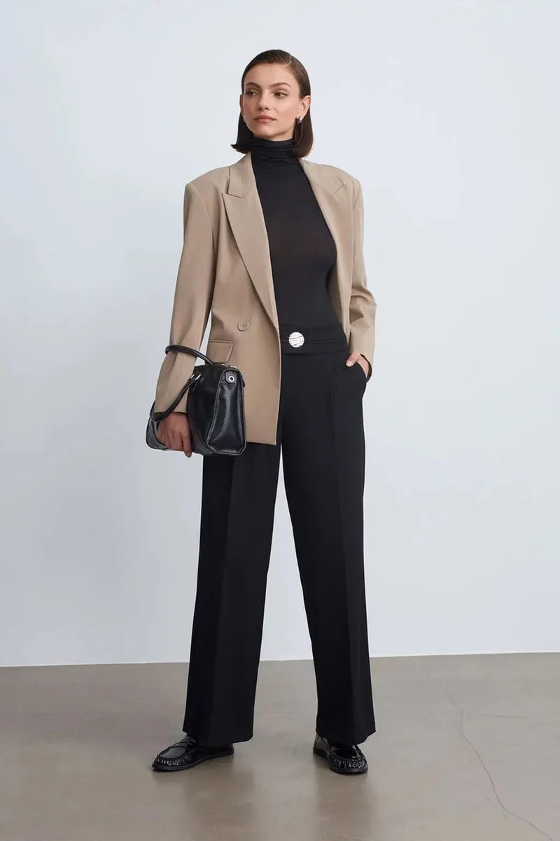 Dilvin Black DILVIN High-Waist Wide-Leg Crepe Trousers for Women | Best Price UAE