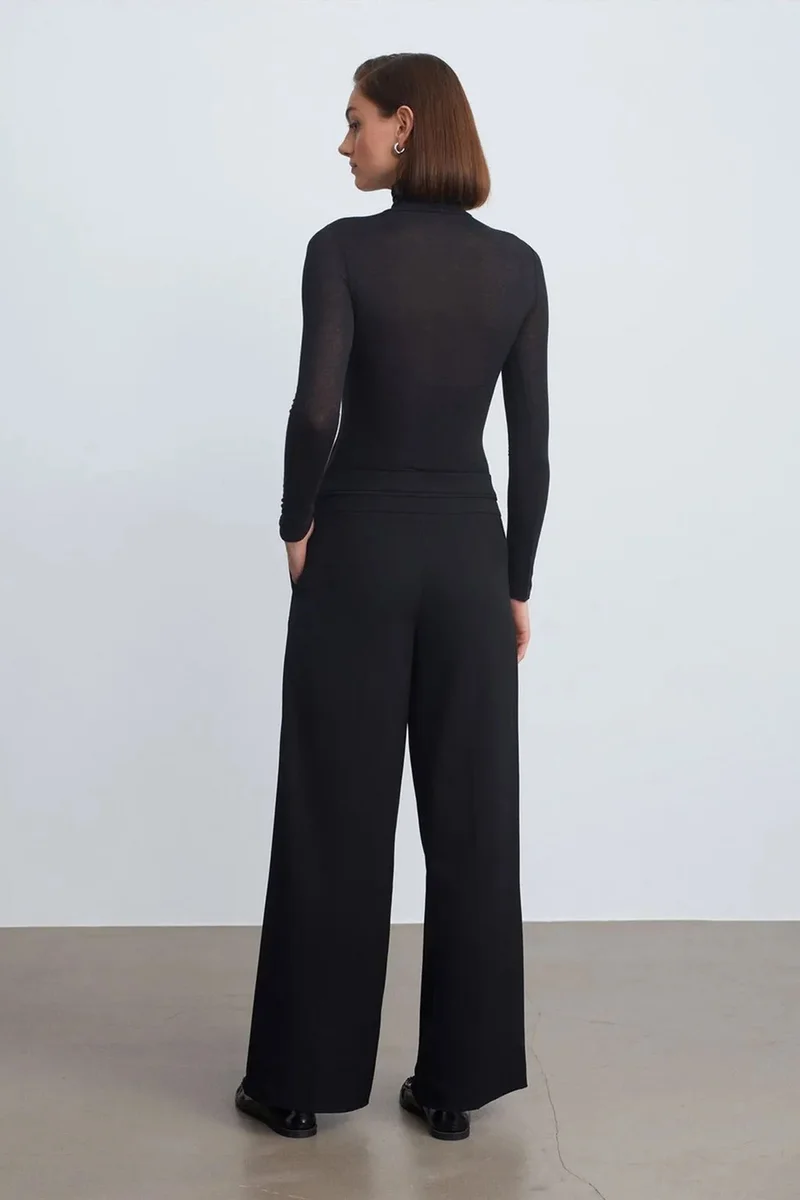 Dilvin Black DILVIN High-Waist Wide-Leg Crepe Trousers for Women | Best Price UAE