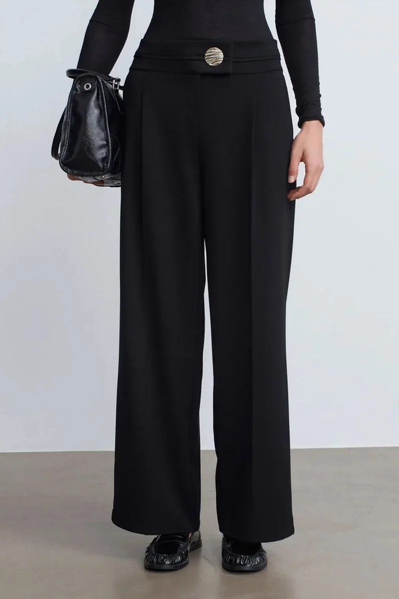 Dilvin Black DILVIN High-Waist Wide-Leg Crepe Trousers for Women | Best Price UAE