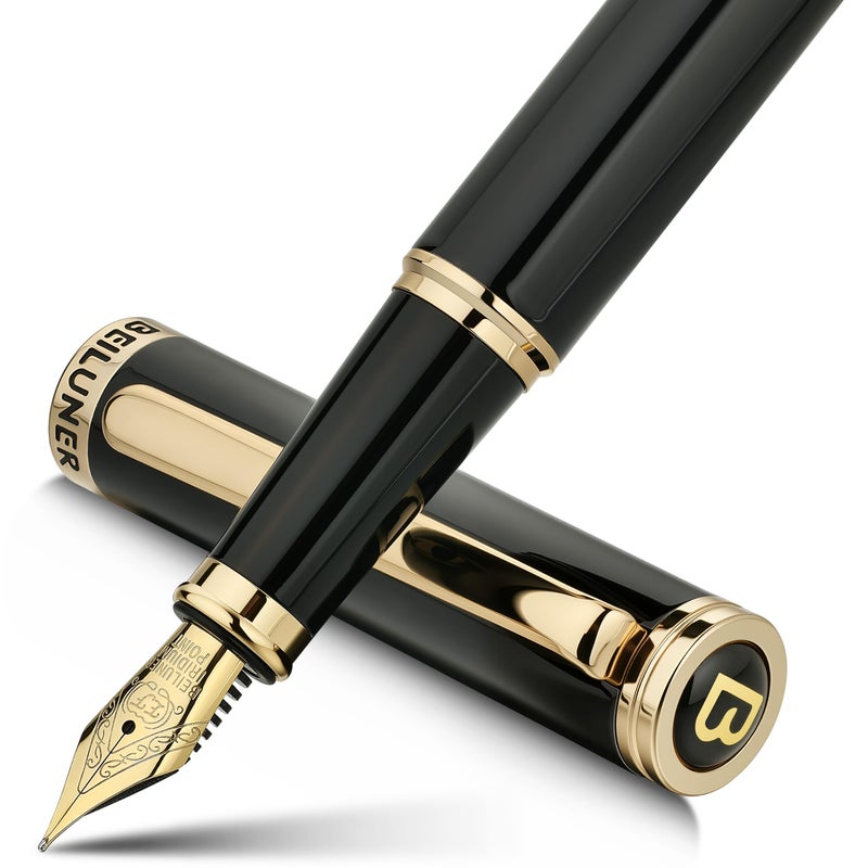 BEILUNER Black Fountain Pen,Stunning Luxury Pens with 24K Gold Accents, Gorgeous 24K Gilded Nib(Extra Fine), Fancy Pen Gift for Men&Women -Ink Converter-Elegant, Reliable,Christmas Presents, Nice Pen - Image 1