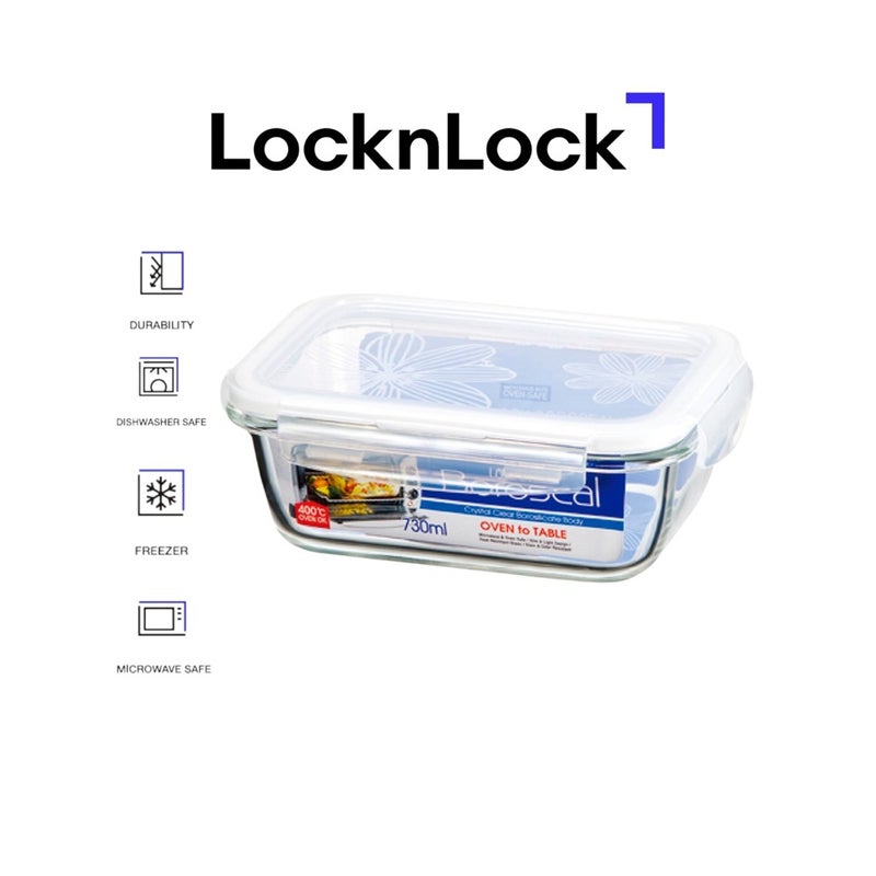 LocknLock Oven Glass Rectangular Food Container 730ml , Airtight with 4-Side Locking Lid, Microwave & Oven Safe, Durable Heat-Resistant Glass for Baking, Meal Prep, and Leftovers - Image 1