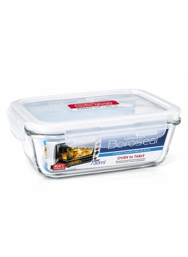 LocknLock Oven Glass Rectangular Food Container 730ml , Airtight with 4-Side Locking Lid, Microwave & Oven Safe, Durable Heat-Resistant Glass for Baking, Meal Prep, and Leftovers