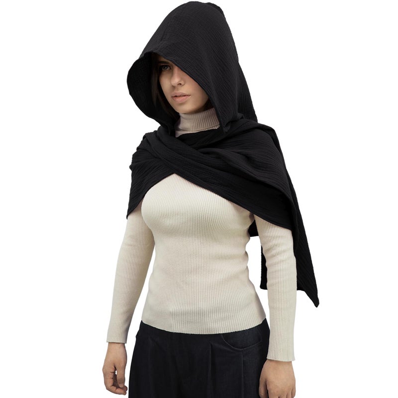 CosInStyle Women Men Fashion Shawl Scarf Cape | Multifunctional Hooded Cowl | Medieval Linen Cotton Cowl Hood |Vintage Goth Costume Accessory (Black) - Image 1