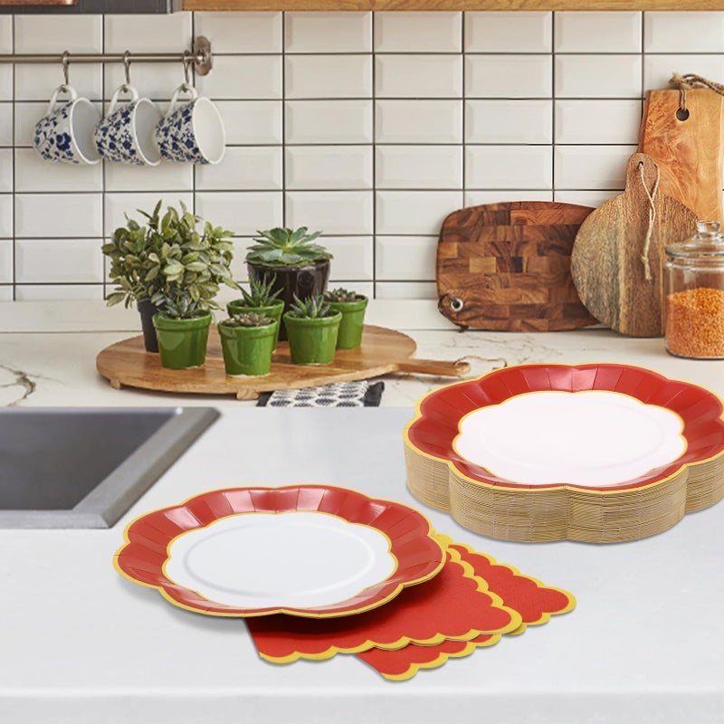 VEIZEDD 100Pcs Red Plates and Napkins Party Supplies Serves 50,Spring Festival Party Plates Napkins for Chinese Lunar New Year Eve Wedding Birthday Mardi Gras - Image 5
