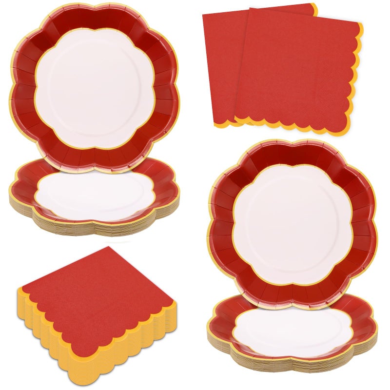 VEIZEDD 100Pcs Red Plates and Napkins Party Supplies Serves 50,Spring Festival Party Plates Napkins for Chinese Lunar New Year Eve Wedding Birthday Mardi Gras - Image 1