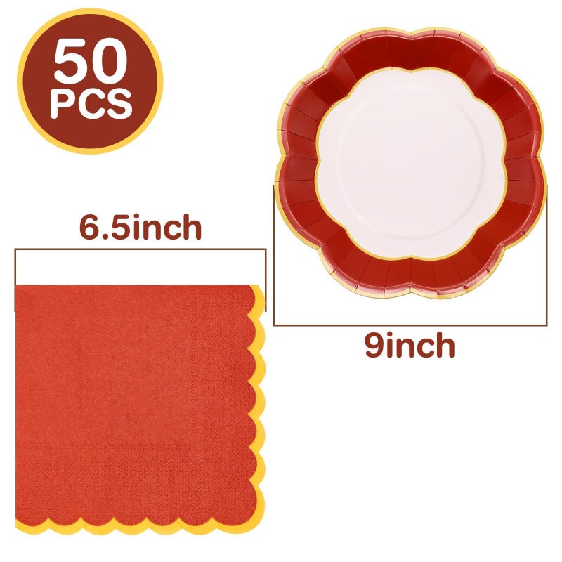 VEIZEDD 100Pcs Red Plates and Napkins Party Supplies Serves 50,Spring Festival Party Plates Napkins for Chinese Lunar New Year Eve Wedding Birthday Mardi Gras - Image 2