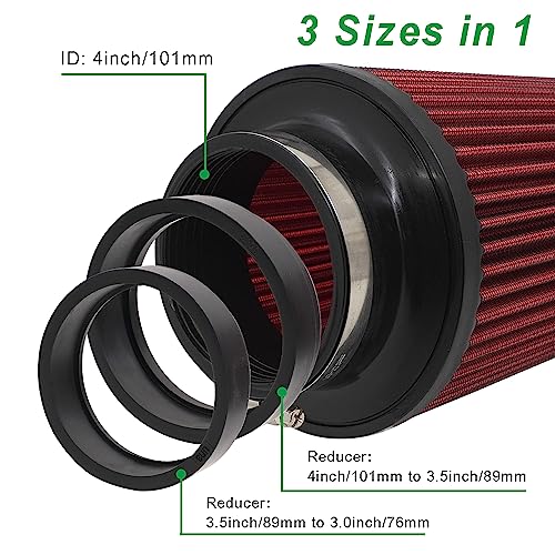 RIAYOOE 3 3.5 4 inch Cold Air Intake Filter 76mm 89mm 101mm Performance Cone Air Filters Universal for Racing Sport Car 3 Sizes in 1, XH-UN101-101-RD, A-4in-Red - Image 2