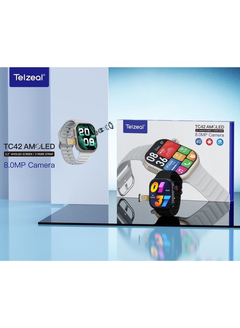 Telzeal Telzeal TC42 AMOLED 4G 2.2 Inch AMOLED Display Smartwatch with 8MP Camera Sim card Slot 3 Pair Straps and Charging Cable Designed for Ladies and Gents Gold  - Image 3