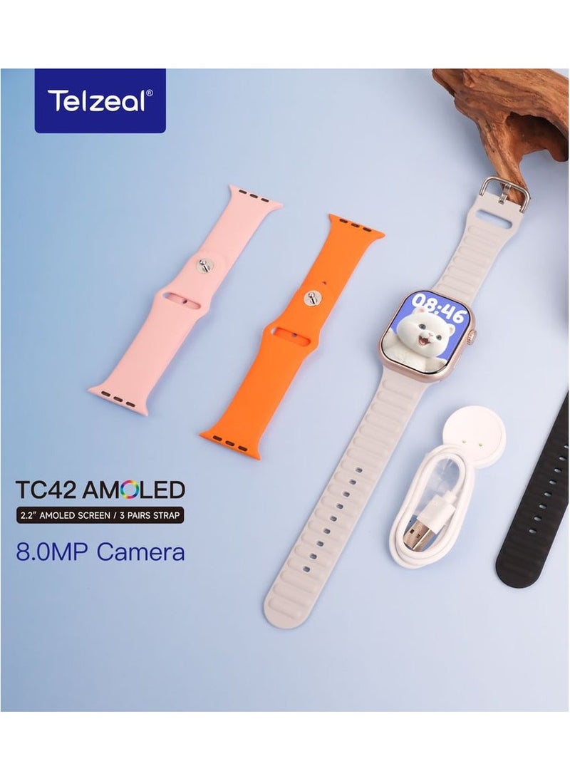 Telzeal Telzeal TC42 AMOLED 4G 2.2 Inch AMOLED Display Smartwatch with 8MP Camera Sim card Slot 3 Pair Straps and Charging Cable Designed for Ladies and Gents Gold  - Image 2