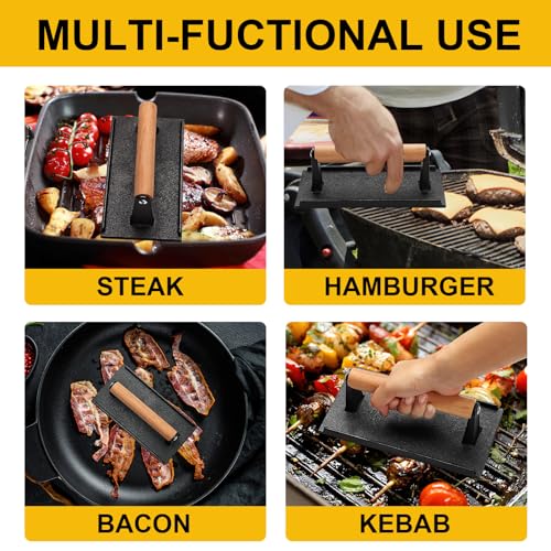 AIVIKI Burger Press, Smash Burger Press for Blackstone Griddle, Heavy Duty Cast Iron Rectangular 8.2x4.2In Bacon Grill Press with Wood Handle, Meat Steak Weight for Sandwich, Paninis (Rectangle) - Image 5