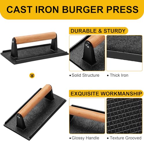 AIVIKI Burger Press, Smash Burger Press for Blackstone Griddle, Heavy Duty Cast Iron Rectangular 8.2x4.2In Bacon Grill Press with Wood Handle, Meat Steak Weight for Sandwich, Paninis (Rectangle) - Image 2