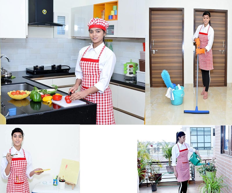 Switchon Switchon Cotton Kitchen Apron with Cap Red and White Free Size - Image 4