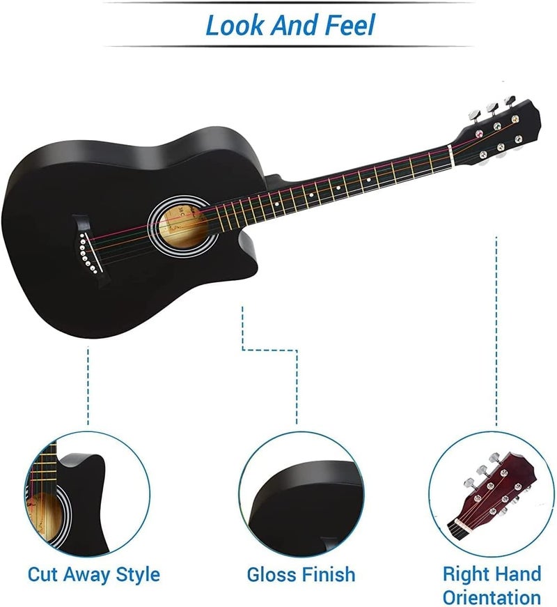 MegArya 38" Acoustic Guitar Kit with Bag, Strap, Strings, and Picks - Black - Image 4