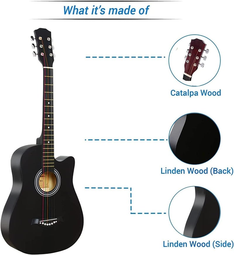 MegArya 38" Acoustic Guitar Kit with Bag, Strap, Strings, and Picks - Black - Image 5