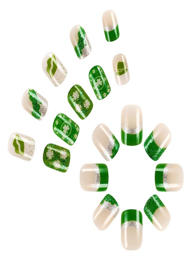 BYJKYEN St. Patrick's Day Glitter Press on Nails Short Square Fake Nails Shamrock French Tip False Nails with Lucky Clover Designs, Full Cover Acrylic on Nails Glue on Nails for Holiday DIY Manicure 24Pcs - Image 3