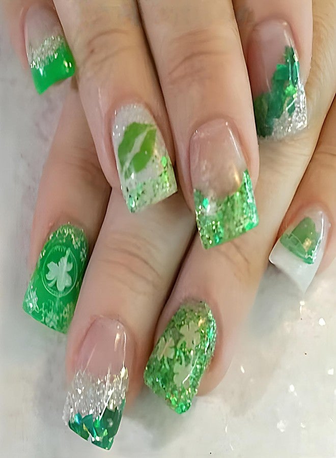 BYJKYEN St. Patrick's Day Glitter Press on Nails Short Square Fake Nails Shamrock French Tip False Nails with Lucky Clover Designs, Full Cover Acrylic on Nails Glue on Nails for Holiday DIY Manicure 24Pcs - Image 1