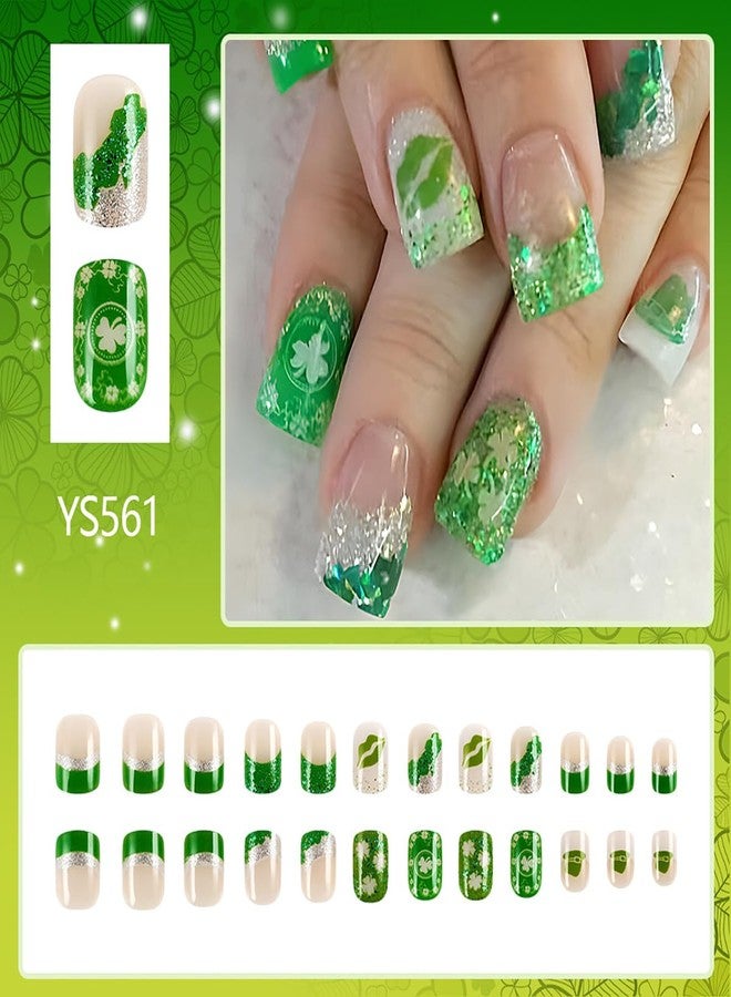 BYJKYEN St. Patrick's Day Glitter Press on Nails Short Square Fake Nails Shamrock French Tip False Nails with Lucky Clover Designs, Full Cover Acrylic on Nails Glue on Nails for Holiday DIY Manicure 24Pcs - Image 2