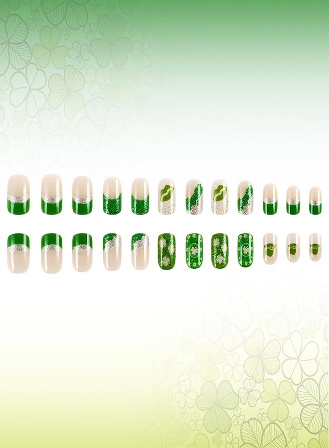 BYJKYEN St. Patrick's Day Glitter Press on Nails Short Square Fake Nails Shamrock French Tip False Nails with Lucky Clover Designs, Full Cover Acrylic on Nails Glue on Nails for Holiday DIY Manicure 24Pcs - Image 4