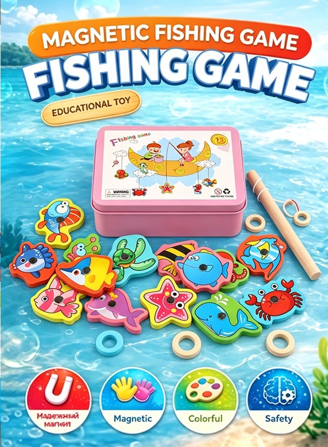 Comysubao Magnetic Fishing Game for Kids, Wooden Magnet Fishing Toy with Cute Pink Fish, Preschool Kindergarten Learning Activity, Fine Motor Skills Development for Toddlers Boys Girls, Birthday Gift - Image 1