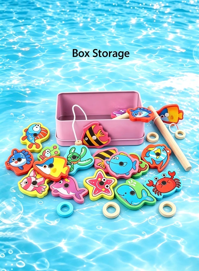 Comysubao Magnetic Fishing Game for Kids, Wooden Magnet Fishing Toy with Cute Pink Fish, Preschool Kindergarten Learning Activity, Fine Motor Skills Development for Toddlers Boys Girls, Birthday Gift - Image 4