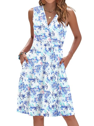 AUSELILY Beach Dress Floral Knee Length Sleeveless Smocked V Neck Sundress with Pockets Blue Floral Dream M - Image 1