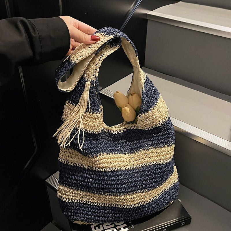 Summer Woven Bag Women'S Fashion Holiday Beach Bag Casual Bucket Bag Retro Contrast Color Underarm Bag - Image 2